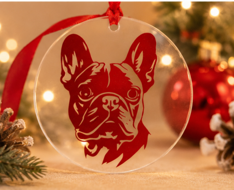 Red French Bulldog silhouette ornament with a ribbon and festive decorations.
