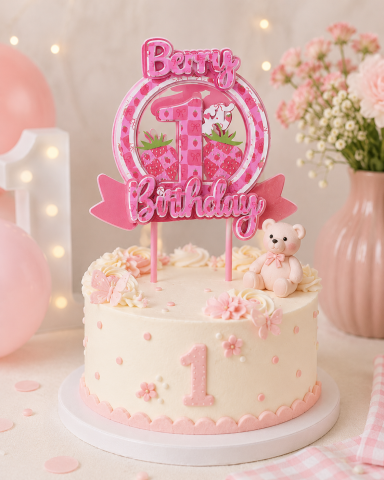 Berry First Birthday Topper £5.99 A pink birthday cake decorated with flowers, a bear, and a "1" birthday topper.