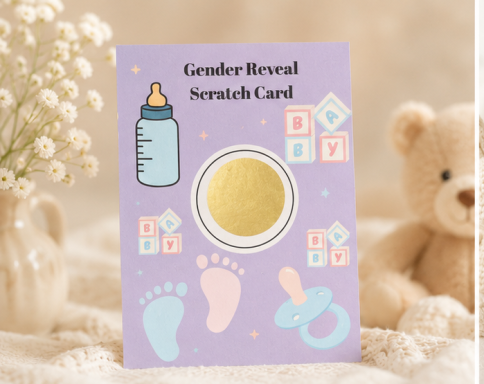 Baby Gender Scratch Card Gender reveal scratch card with baby bottle, footprints, pacifier, and pastel colours.